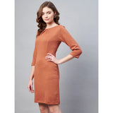 Women's Polyester Jacquard Self Design Round Neck 3/4th Sleeves Dress (Rust)