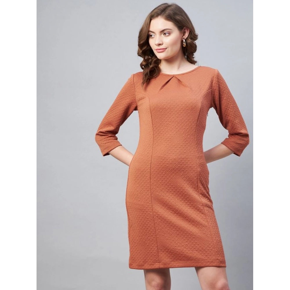 Women's Polyester Jacquard Self Design Round Neck 3/4th Sleeves Dress (Rust)