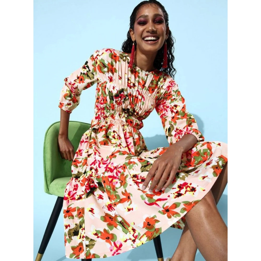 Women's Polyester Moss Polka Round Neck 3/4th Sleeves Dress (Multicolor)