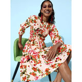 Women's Polyester Moss Polka Round Neck 3/4th Sleeves Dress (Multicolor)