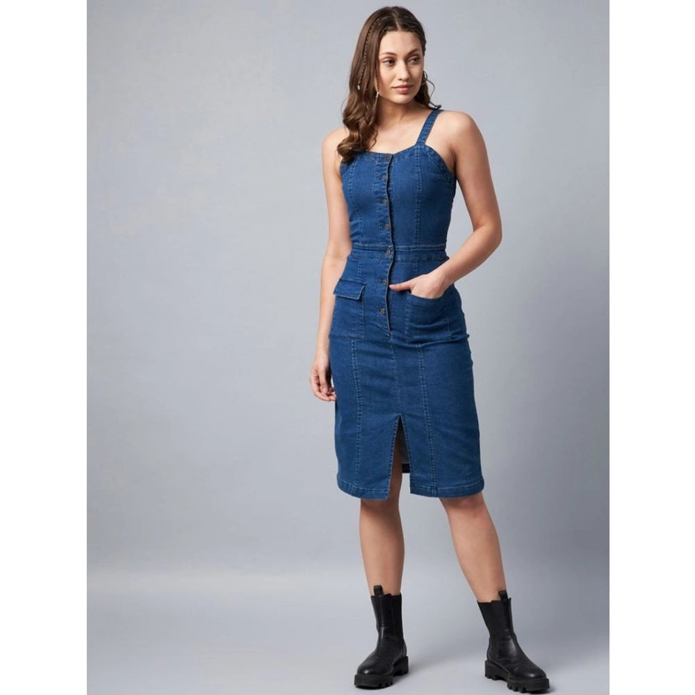 Women's Denim Lycra Solid Square Neck Shoulder Straps Dress (Blue)
