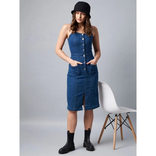 Women's Denim Lycra Solid Square Neck Shoulder Straps Dress (Blue)