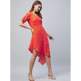 Women's Polyester Floral V-Neck Short Sleeve Dress (Orange)