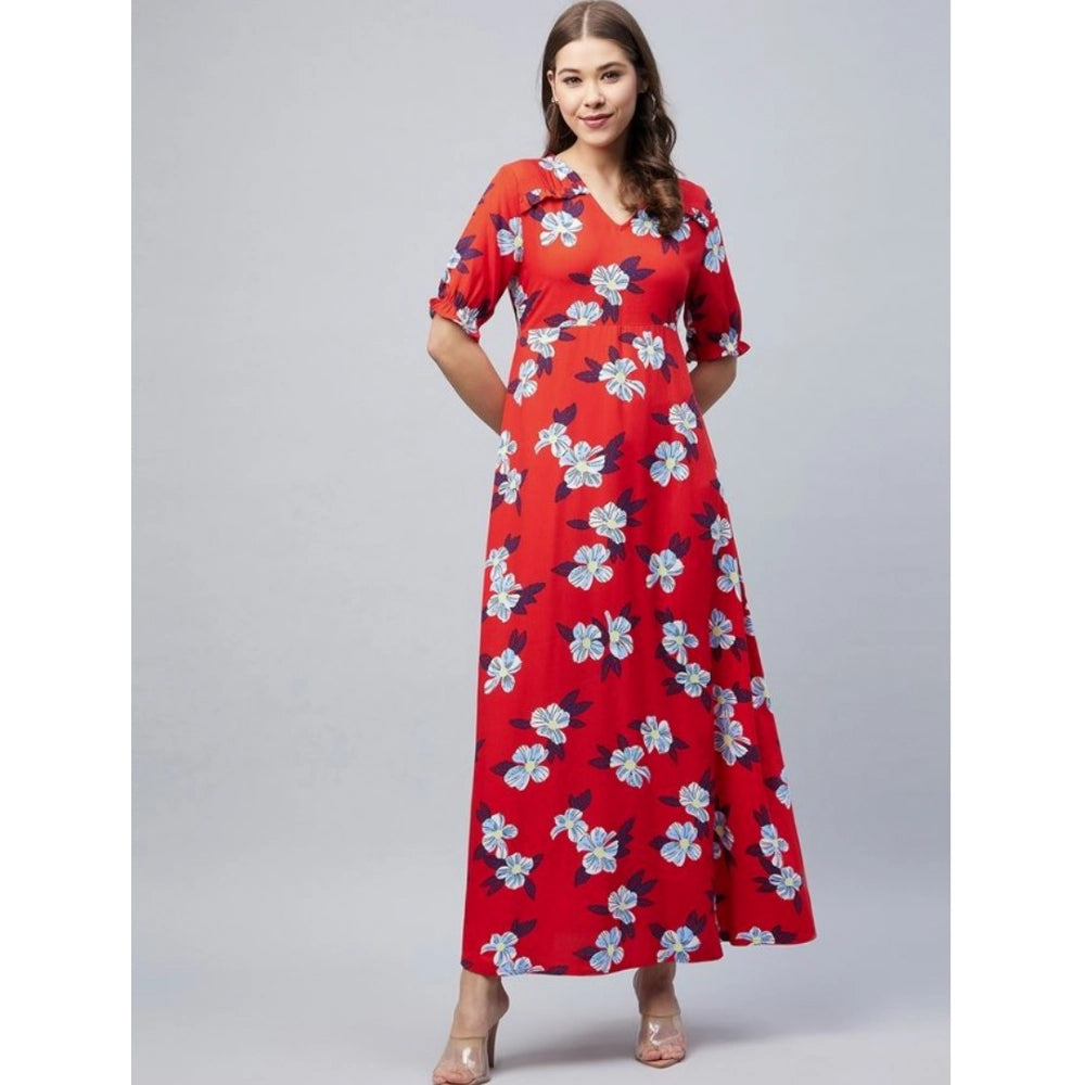 Women's Cotton Blend Floral V-Neck Half Sleeve Dress (Blue-Red)