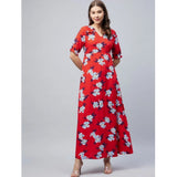 Women's Cotton Blend Floral V-Neck Half Sleeve Dress (Blue-Red)