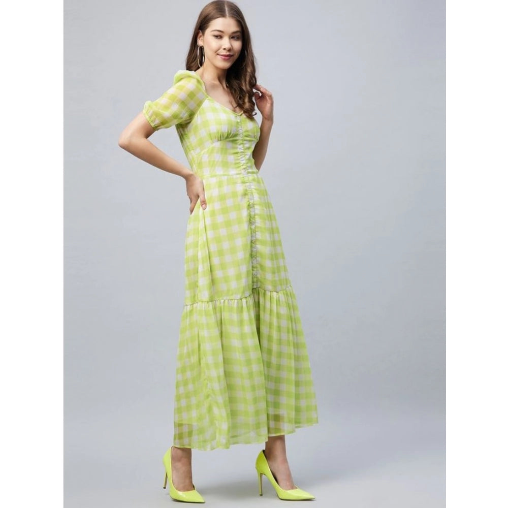 Women's Polyester-Cotton Blend Checkered Square Neck Half Sleeve Dress (Lime Green)
