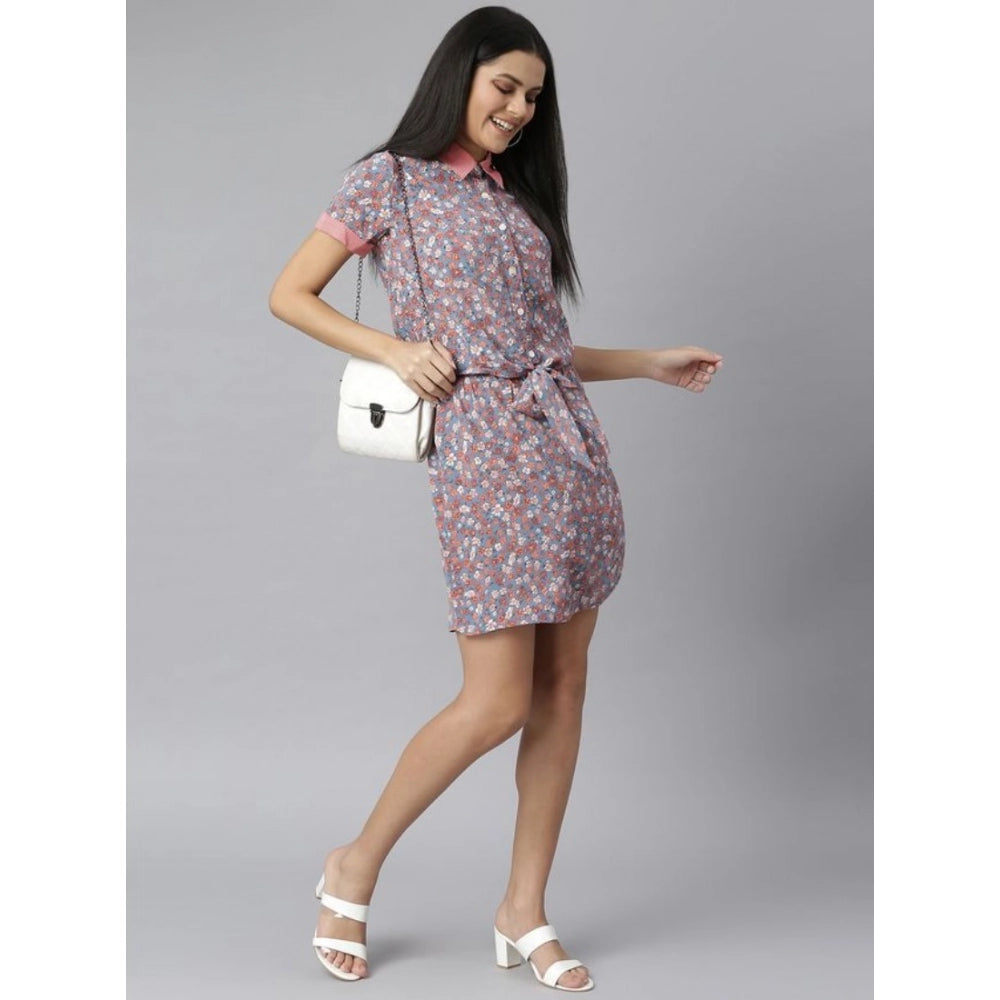 Women's Polyester Moss Floral Collar Neck Short Sleeve Dress (Grey-Red)