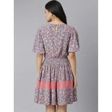 Women's Polyester Moss Floral Round Neck Flutter Dress (Grey-Red)