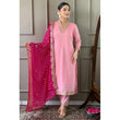 Women's Roman Silk Embroidery 3-4th Sleeve V-Neck Kurti With Pant Dupatta Set (Pink)