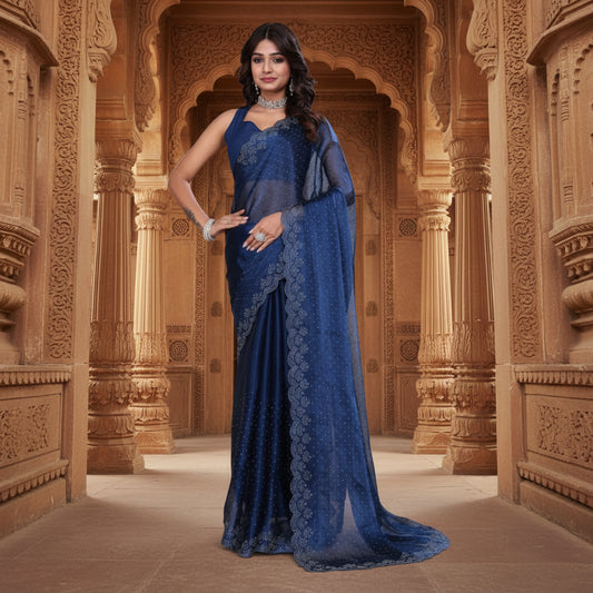 CQ Women's Jimmy choo Embellished Bollywood Saree With Unstitched Blouse 5.5Mtr (Blue)