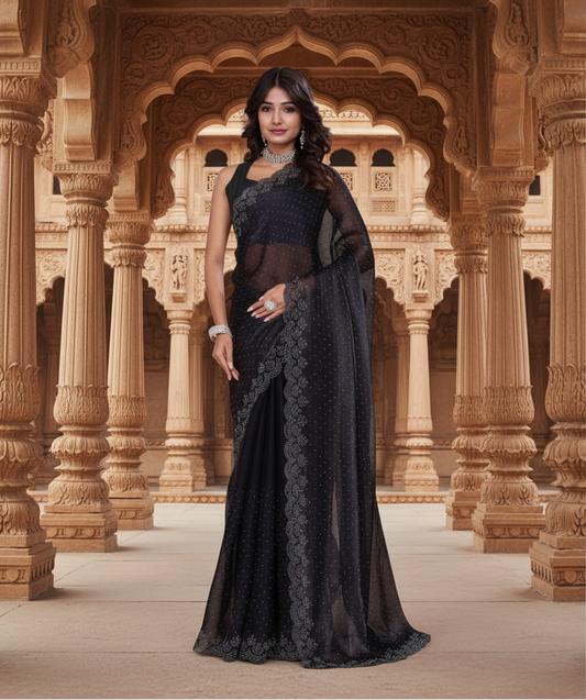 CQ Women's Jimmy choo Embellished Bollywood Saree With Unstitched Blouse 5.5Mtr (Black)
