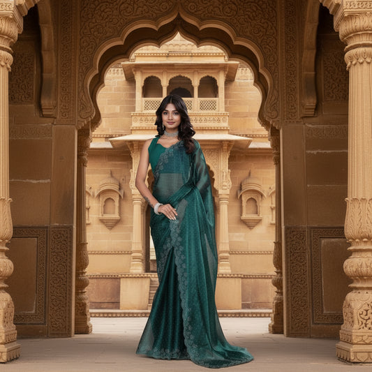 CQ Women's Jimmy choo Embellished Bollywood Saree With Unstitched Blouse 5.5Mtr (Green)