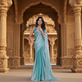 CQ Women's Jimmy choo Embellished Bollywood Saree With Unstitched Blouse 5.5Mtr (Light Blue)