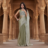 CQ Women's Jimmy choo Embellished Bollywood Saree With Unstitched Blouse 5.5Mtr (Light Green)