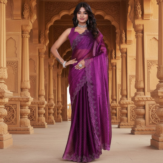 CQ Women's Tissue Pure Silk Embellished Bollywood Saree With Unstitched Blouse 5.5Mtr (Purple)