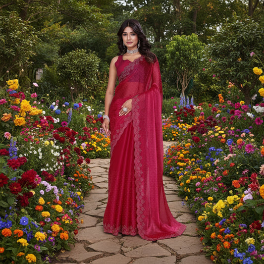 CQ Women's Jimmy choo Embellished Bollywood Saree With Unstitched Blouse 5.5Mtr (Red)