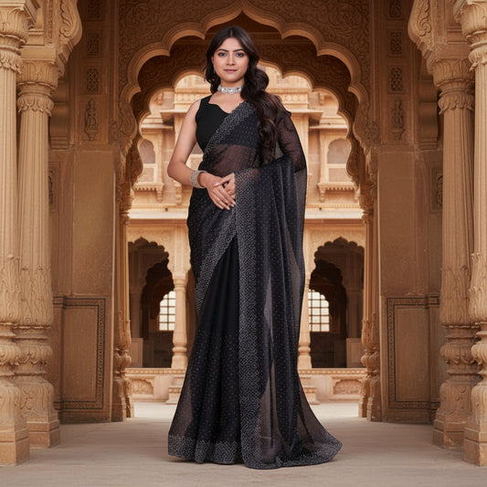CQ Women's Jimmy choo Embellished Bollywood Saree With Unstitched Blouse 5.5Mtr (Black)