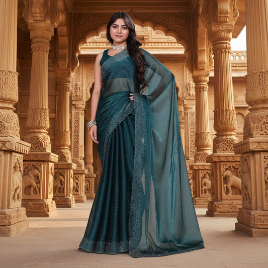 CQ Women's Jimmy choo Embellished Bollywood Saree With Unstitched Blouse 5.5Mtr (Green)