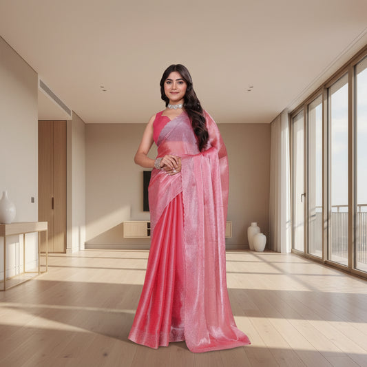 CQ Women's Jimmy choo Embellished Bollywood Saree With Unstitched Blouse 5.5Mtr (Pink)