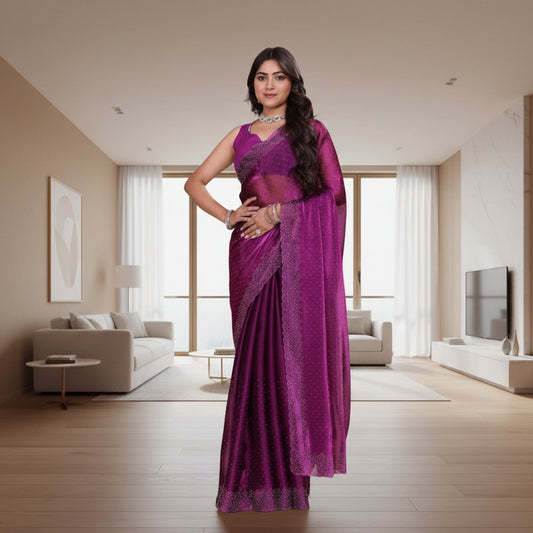 CQ Women's Jimmy choo Embellished Bollywood Saree With Unstitched Blouse 5.5Mtr (Purple)
