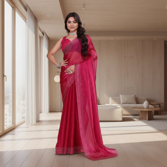 CQ Women's Jimmy choo Embellished Bollywood Saree With Unstitched Blouse 5.5Mtr (Red)