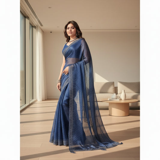 CQ Women's Jimmy choo Embellished Bollywood Saree With Unstitched Blouse 5.5Mtr (Blue)