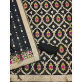 Women's Banarasi Silk Printed Unstitched Salwar Suit Material With Dupatta (Black, 3Mtrs)