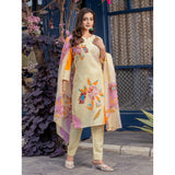 CQ  Women's Cotton Blend Printed Kurti With Pant Dupatta Set (Cream)