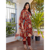 Generic Women's Cotton Blend Printed Kurti With Pant Dupatta Set (Rust)