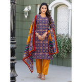 Generic Women's Cotton Blend Printed Kurti With Pant Dupatta Set (Navy Blue)