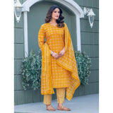 Women's Cotton Blend Printed Kurti With Pant Dupatta Set (Yellow)