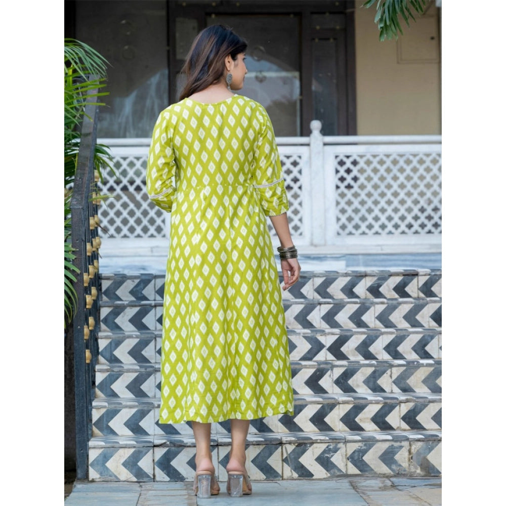 Generic Women's Rayon Print With Embroidery Work A-Line Kurti (Parrot)
