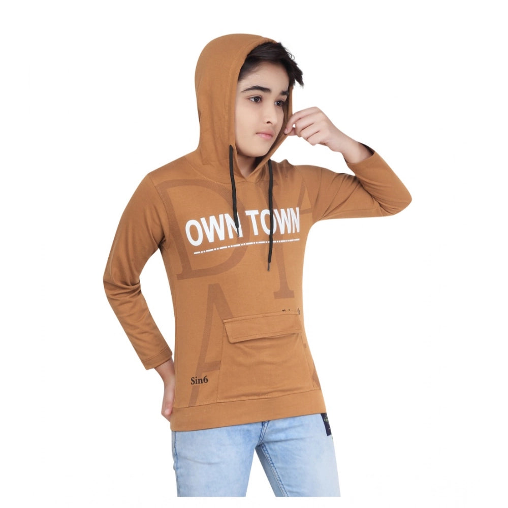 CQ Boy's Cotton Printeded Hooded Neck Hoodies (Brown)