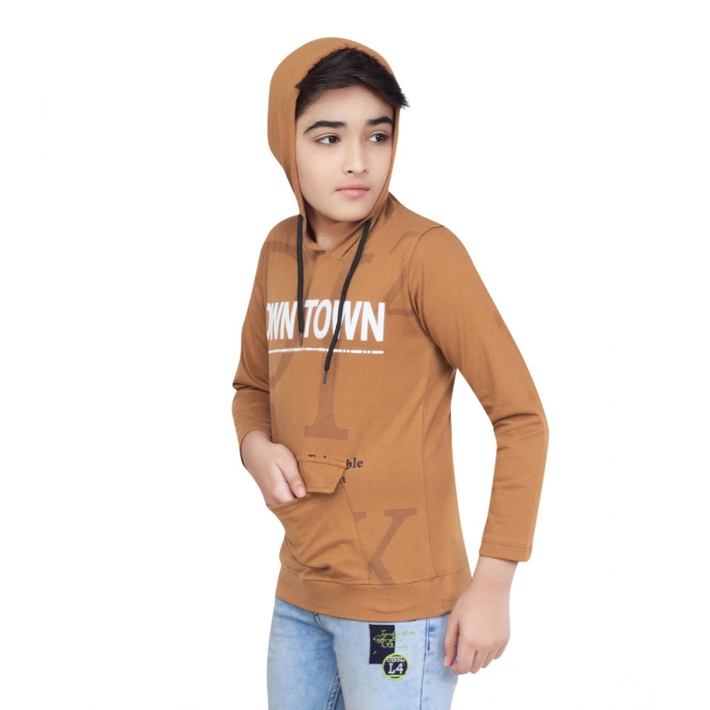 CQ Boy's Cotton Printeded Hooded Neck Hoodies (Brown)