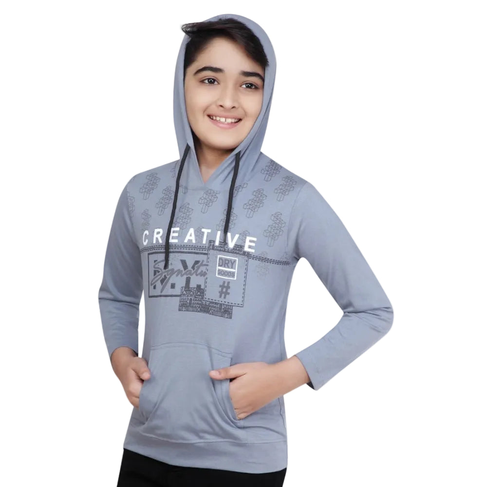 CQ Boy's Cotton Printeded Hooded Neck Hoodies (Steel Blue)