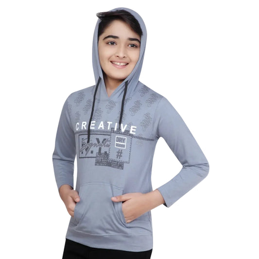 CQ Boy's Cotton Printeded Hooded Neck Hoodies (Steel Blue)
