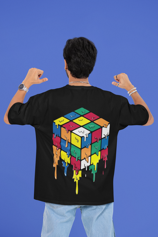 Melting Puzzle Cube T-Shirt – Back Dripping Rubik’s Cube Streetwear Tee Oversize