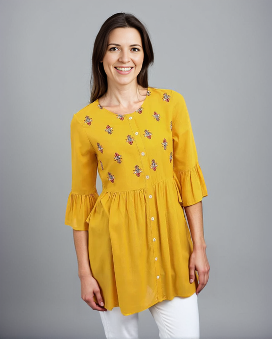 Yellow Embroidered Ethnic Tunic for Women | Viscose Rayon Fabric