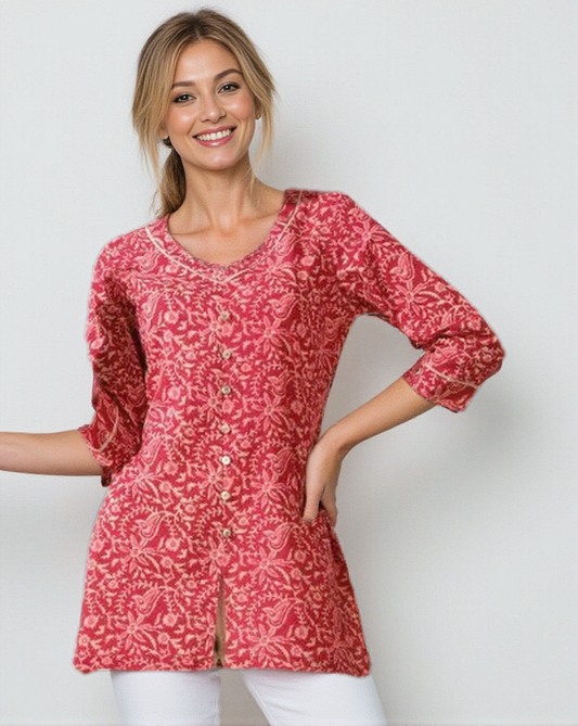 Floral Printed Cotton Tunic for Women | Lightweight & Stylish Tunics Pink