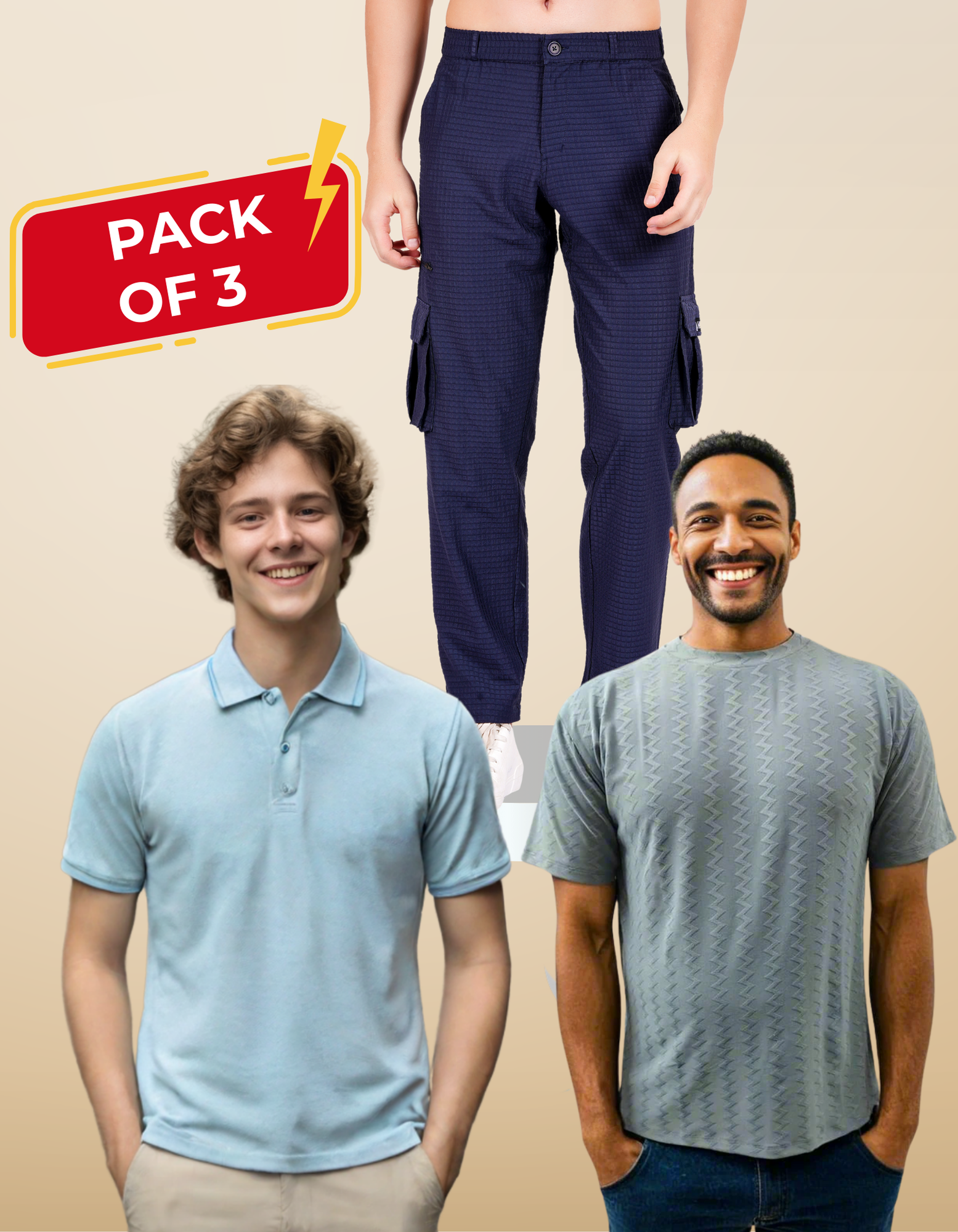 Nauticon Men's Smart Casual Bundle: Sky Blue Polo + Light Grey Jacquard Crew + Navy Blue Cargo Pants