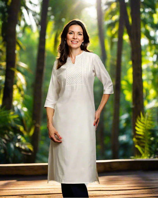 Classic Straight Kurta with Intricate Thread Embroidery OFF WHITE