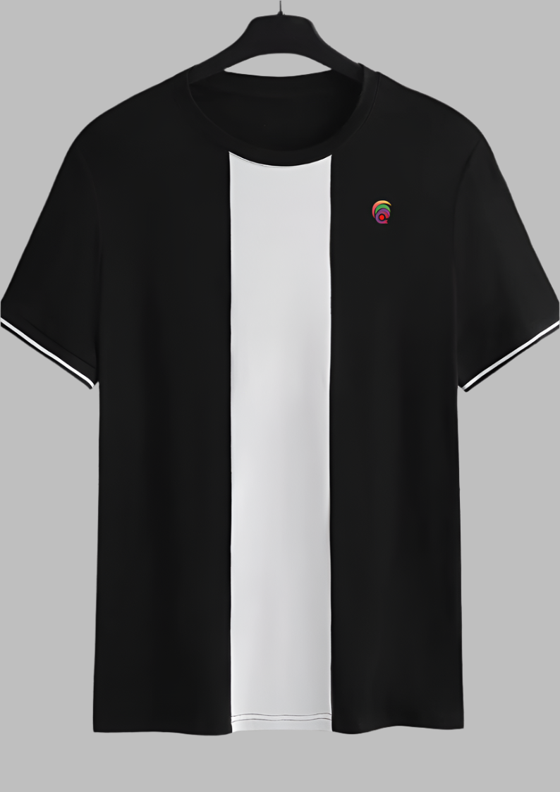 Men’s Graphic Striped Trim Tee – Black & White Stylish Casual T-Shirt