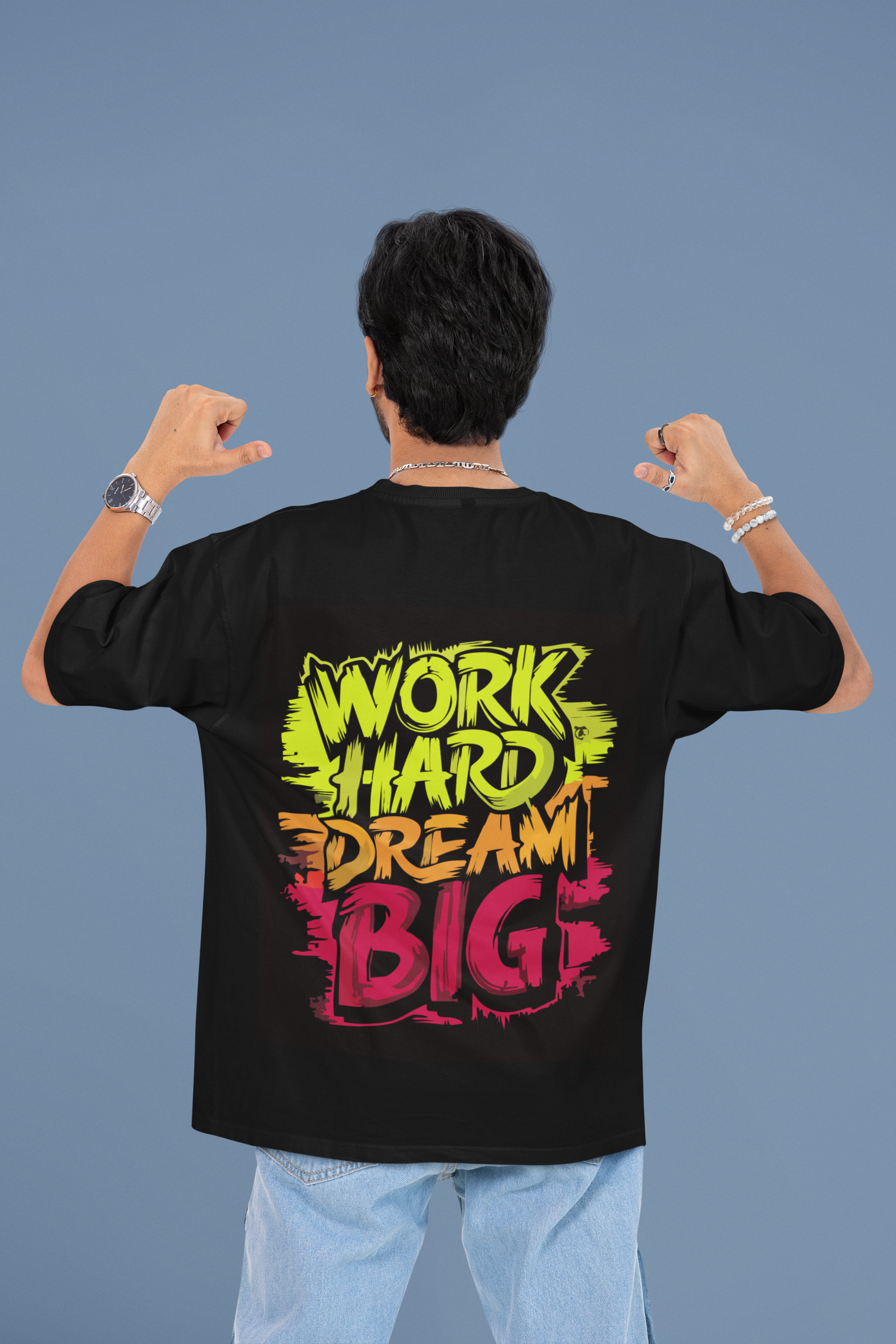 Custom T-Shirt for Men Color Black WORK HARD BACK Oversize