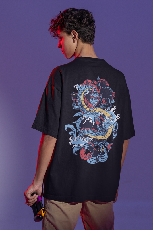 Dragon with Waves and Flowers Custom T-Shirt for Men Color Black Back - COLORS QUEE