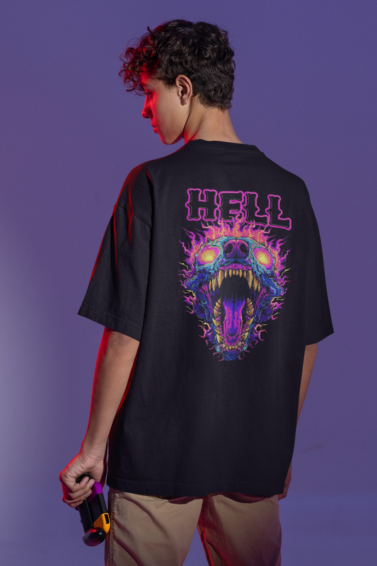 Custom T-Shirt for Men Color Black Colorful Flaming Hellhound BACK