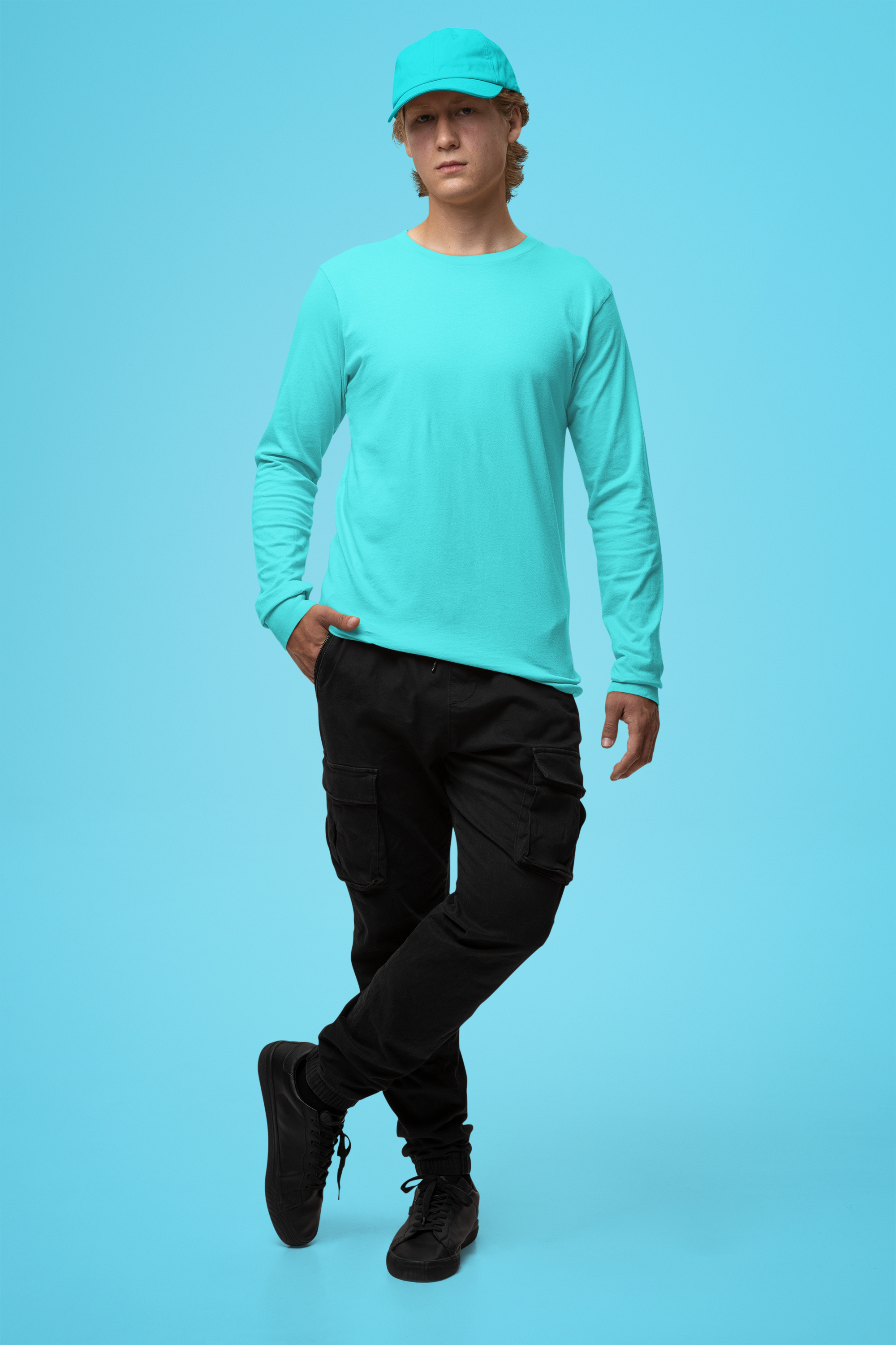 Men's Plain Fountain Blue Full Sleeves Crew Neck T-Shirt