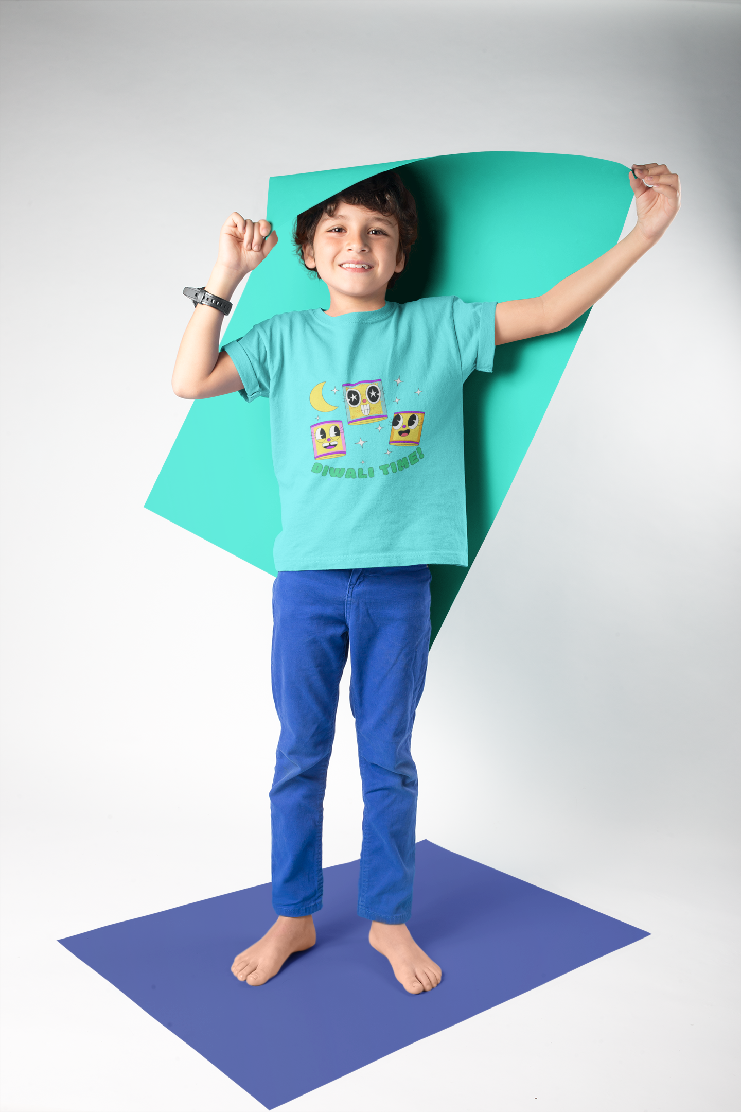 Boy's Blue Diamond Half Sleeves Crew Neck Diwali T-Shirt