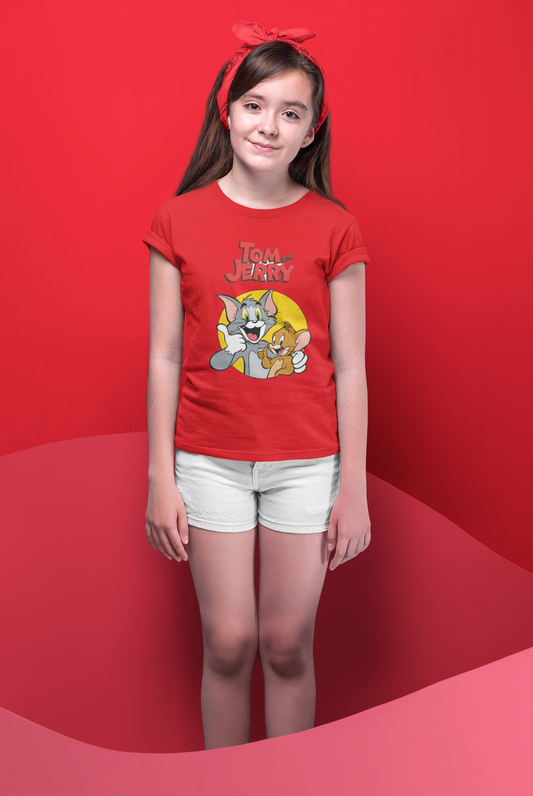 TOM JERRY Girl's Dark RED Crew Neck Custom T-Shirt