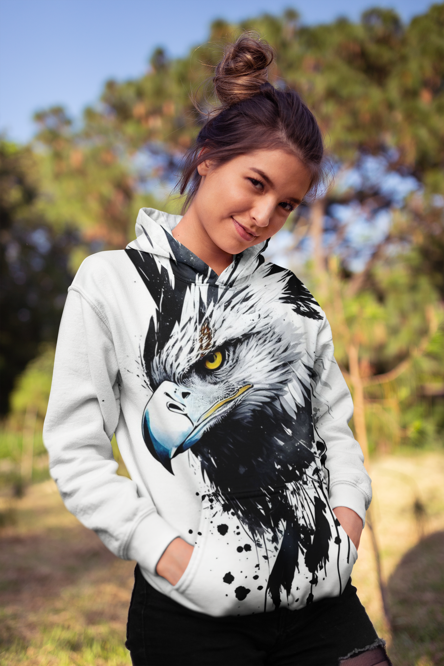 Women’s Print On Demand Hoodies – Full Print HAWK Design WHITE