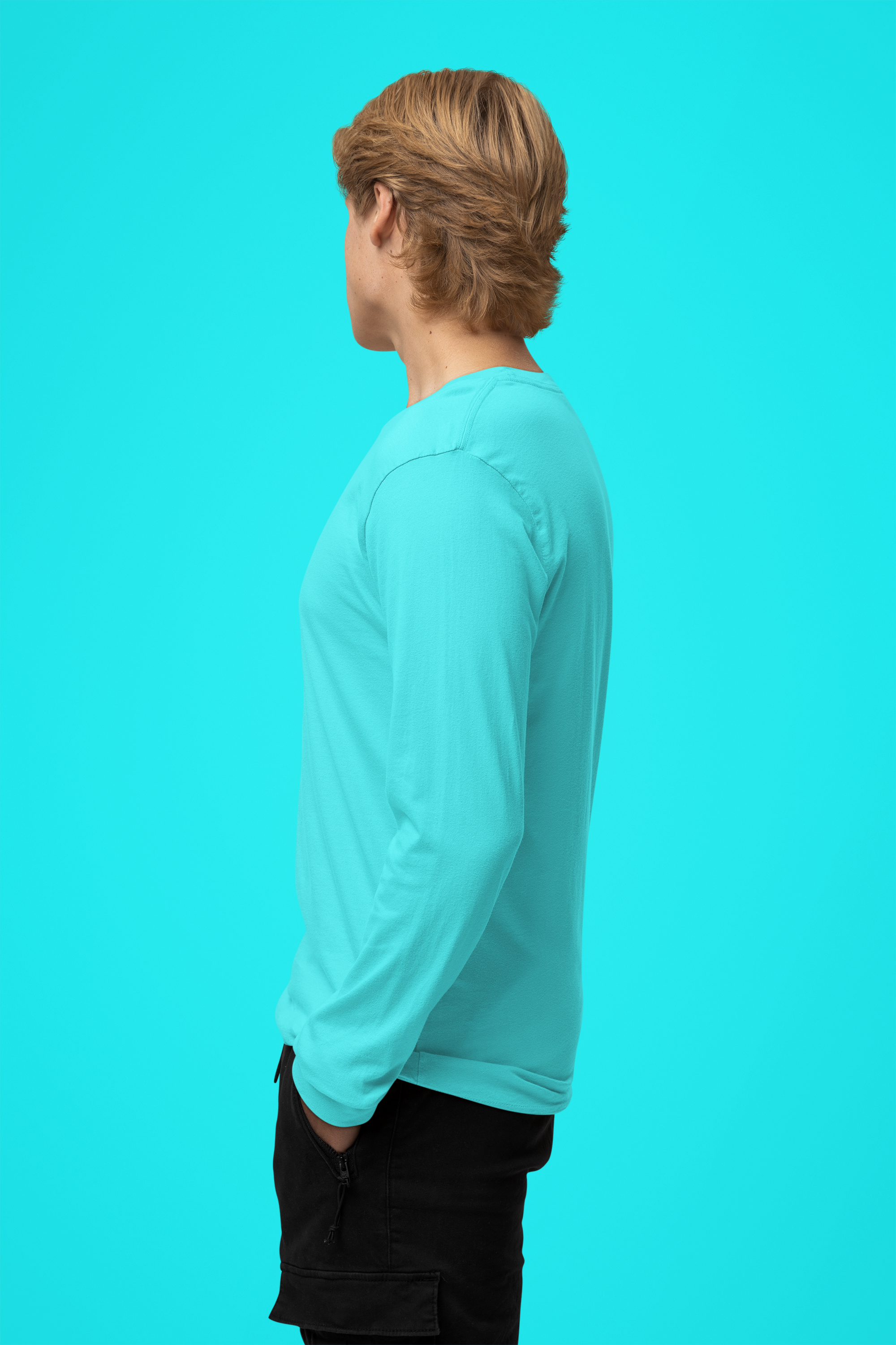 Men's Plain Fountain Blue Full Sleeves Crew Neck T-Shirt